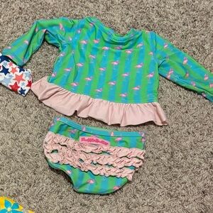 Ruffle Butts Green and Pink Flamingo Swim Set size 6-12 months